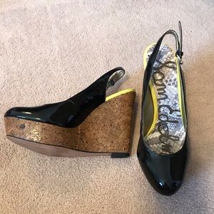 Sam Edelman sling back cork wedge black heels sz 8